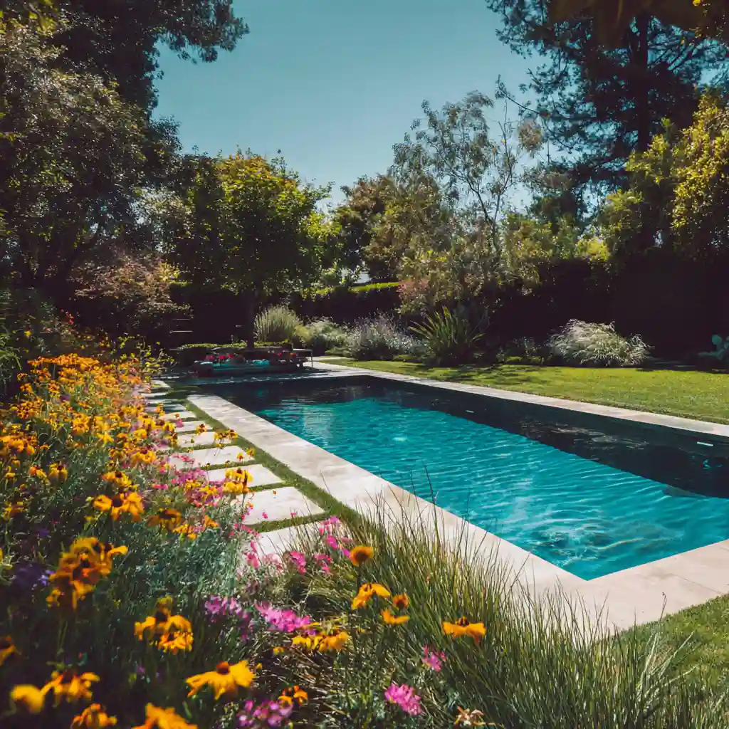 Pool surrounded by flowers and lush grass installed by the concrete contractors durham nc prefers.