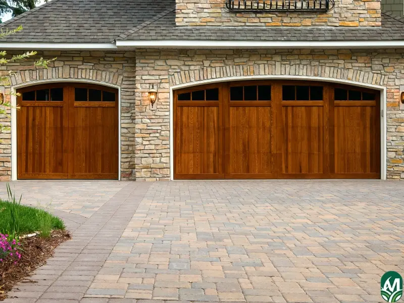 wood garage doors, stone walls, and a stone driveway.