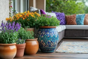 Large potted plans on an outdoor patio. This is one of the many affordable patio designs you can add to your space.