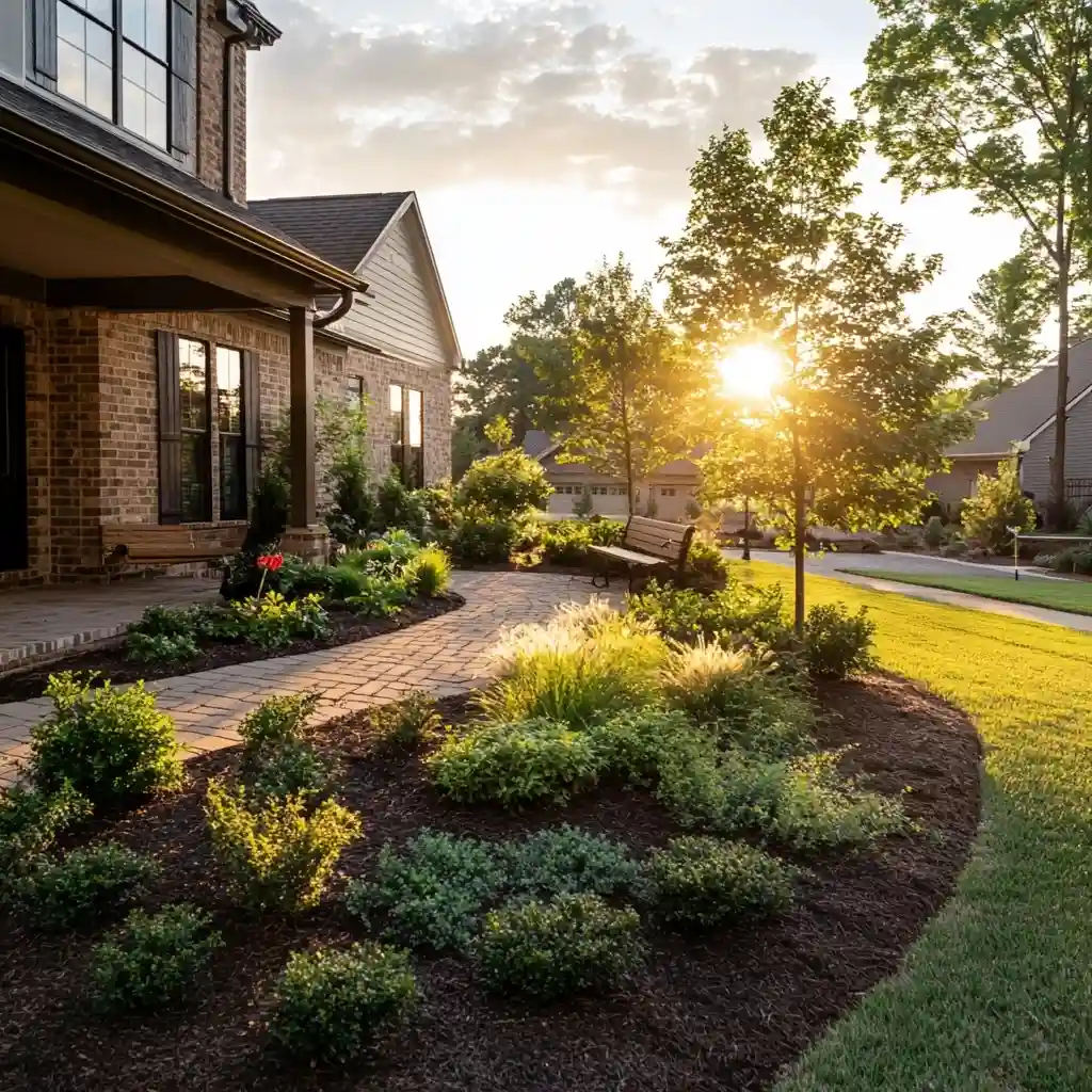 Yard at sunset with a walkway provided by a concrete installation service in Durham, NC.