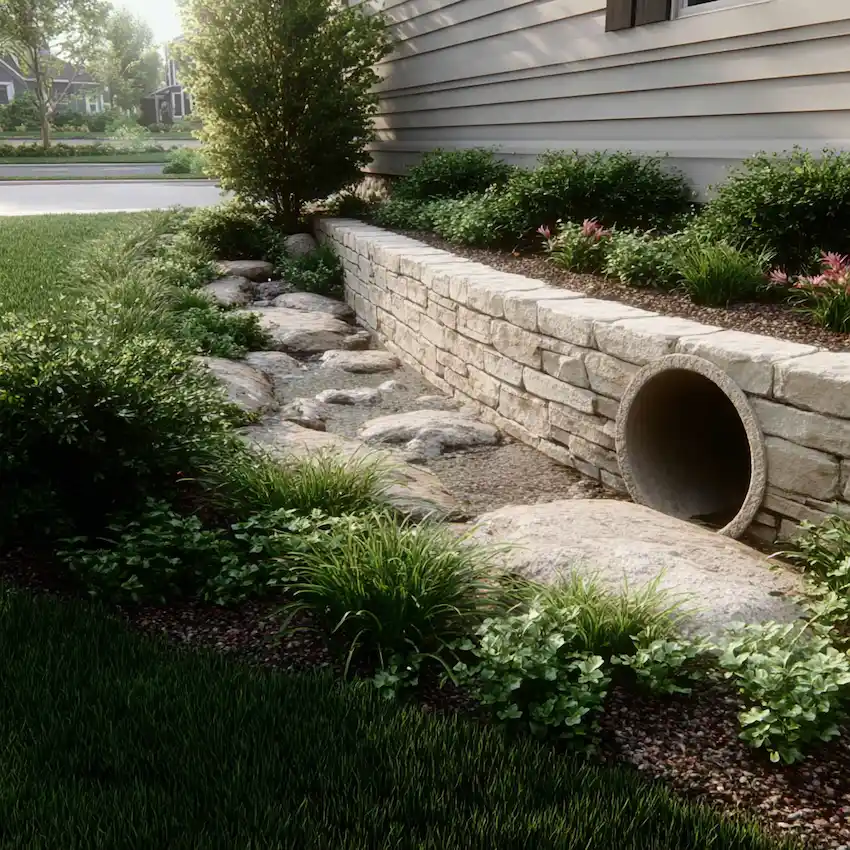 A culvert installation in a white brick retaining wall.