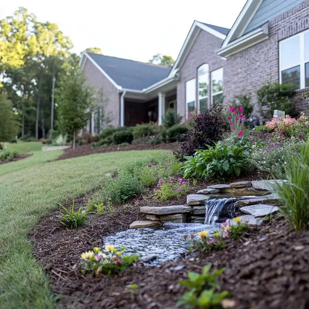 front yard landscaping ideas - water feature in front of a beautiful home and yard