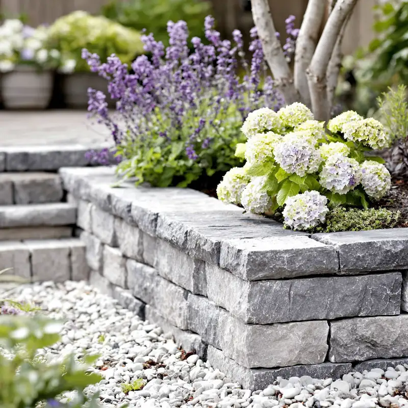 A retaining wall with hydrangeas and perennial flowers in the garden planted by hardscaping services from Martinez Brothers.