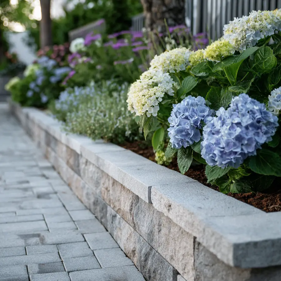 Hardscaping services, such as a retaining wall with annual flowers shown here, are a great way to enhance your yard's natural beauty.