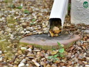 A downspout, pictured here, is attached to the roof of a home and expels excess water. It is one type of landscape drainage system our Durham landscape experts can install. 