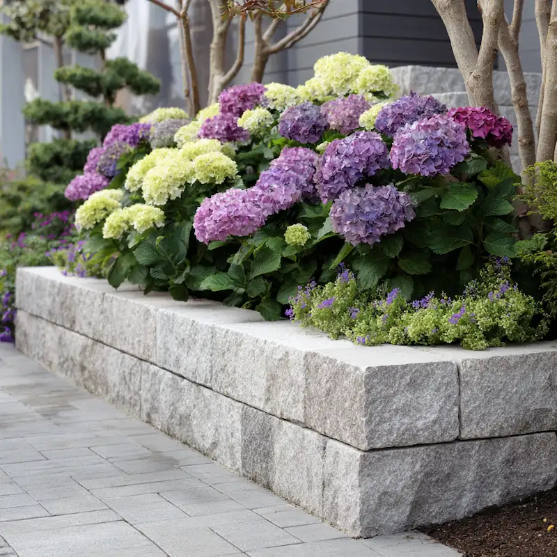 Retaining wall with hydrangeas provided by the top concrete contractors durham nc trusts.