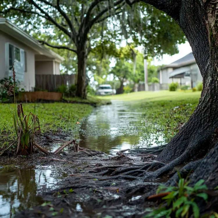 Yard drainage services can correct pooling water in a yard as shown here.